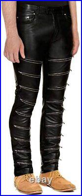 Men's Punk Leather Pants Motorcycle Slim Fit Black Fashion Zip Straight Trousers