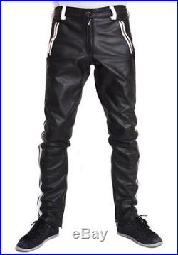 Men's REAL COWHIDE LEATHER PANTS COLOR STRIPES BIKERS PANTS WITH FREE BELT