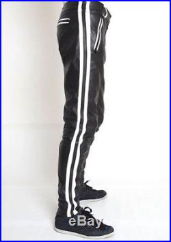 Men's REAL COWHIDE LEATHER PANTS COLOR STRIPES BIKERS PANTS WITH FREE BELT