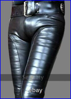 Men's Real Black Cowhide Leather Biker Bluff Pant Lederhosen Jeans Trousers