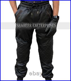 Men's Real Black Cowhide Leather Black Jogging Quilted Trouser Stylish Pants