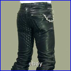 Men's Real Black Cowhide Leather Pant Quilted Bluf Biker Pants, Jeans, Trousers