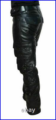 Men's Real Black Leather Cargo Quilted Pants Real Leather Pants Trousers Jeans