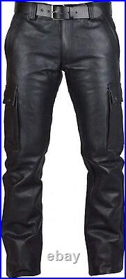 Men's Real Black Leather Pants Cargo 6 Pockets Pants Bikers Jeans Trouser