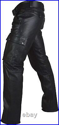 Men's Real Black Leather Pants Cargo 6 Pockets Pants Bikers Jeans Trouser