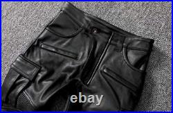 Men's Real Cow Leather Bikers Pants Cargo Pockets Pleated Panels Bikers Pants