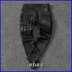 Men's Real Cow Leather Bikers Pants Cargo Pockets Pleated Panels Bikers Pants