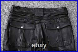 Men's Real Cow Leather Bikers Pants With Pockets & Pleated Panels Bikers Pants