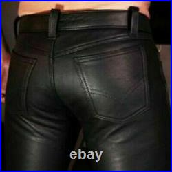 Men's Real Cowhide Black Leather 501 Levi's Style Slim fit Pants Biker Trouser