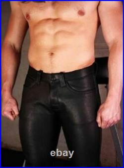 Men's Real Cowhide Black Leather 501 Levis Style Slim fit Pants Biker Trouser