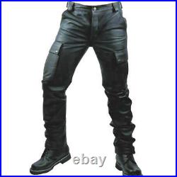 Men's Real Cowhide Black Leather Cargo Biker Pant Trouser with Cargo Pockets