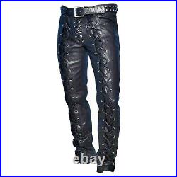 Men's Real Cowhide Black Leather Front & Back Laces Pant Stylish Biker Trouser
