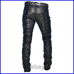 Men's Real Cowhide Black Leather Front & Back Laces Pant Stylish Biker Trouser