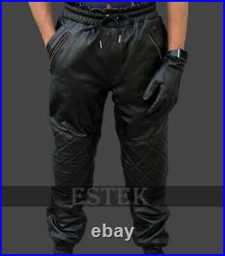 Men's Real Cowhide Black Leather Jogging Quilted on knees Trouser Draw Pants