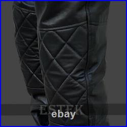 Men's Real Cowhide Black Leather Jogging Quilted on knees Trouser Draw Pants