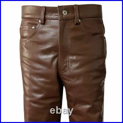 Men's Real Cowhide Brown Leather Biker Pant Classic Casual Jeans Trousers