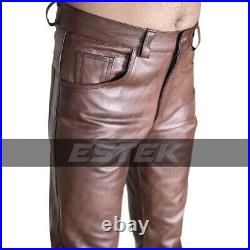 Men's Real Cowhide Brown Leather Classic Style Biker Pants/Trousers