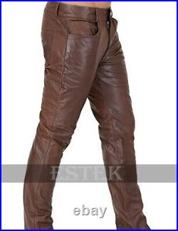 Men's Real Cowhide Brown Leather Pant Luxury Outrageously Slim Fit Biker Pant