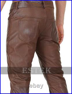 Men's Real Cowhide Brown Leather Pant Luxury Outrageously Slim Fit Biker Pant