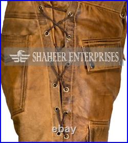 Men's Real Cowhide Brown Wax Leather Pants Side Laced Biker Leder Pants Trousers