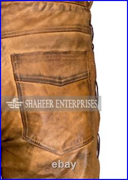 Men's Real Cowhide Brown Wax Leather Pants Side Laced Biker Leder Pants Trousers