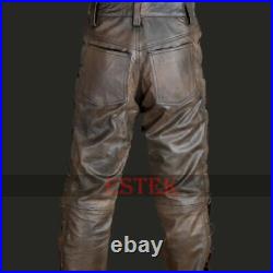 Men's Real Cowhide Brown Waxed Leather Pants Side Laces Jeans Trouser Cuir Braun