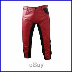 Men's Real Cowhide Leather BLUF Pants Red & Black Bikers Pants