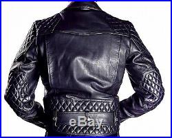 Men's Real Cowhide Leather Bikers Jacket Quilted Panels BLUF Jacket & Pants