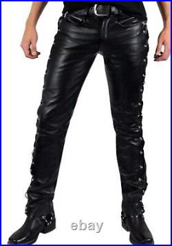 Men's Real Cowhide Leather Bikers Laces Up Pants 5 Pockets Bikers Laces Up Pants
