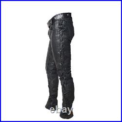 Men's Real Cowhide Leather Bikers Laces Up Pants In & Outside Laces Bikers Pants