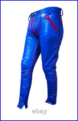Men's Real Cowhide Leather Bikers Pants Contrast Color Piping R. Blue BLUF Pants
