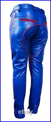 Men's Real Cowhide Leather Bikers Pants Contrast Color Piping R. Blue BLUF Pants