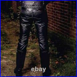Men's Real Cowhide Leather Bikers Pants Double Zips BLUF pants Bikers Trousers