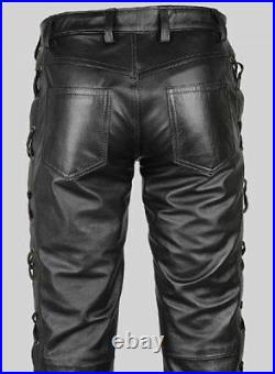 Men's Real Cowhide Leather Bikers Pants Laces Up Bikers Cowhide Leather Pants