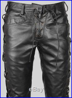 Men's Real Cowhide Leather Bikers Pants Laces Up Leather Pants+FREE XMAS GIFT