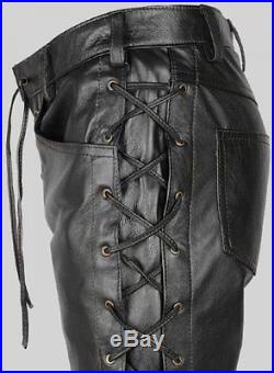 Men's Real Cowhide Leather Bikers Pants Laces Up Leather Pants+FREE XMAS GIFT