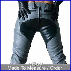 Men's Real Cowhide Leather Bikers Pants Quilted Panels Grey Leather BLUF Pants