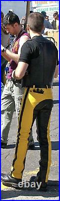 Men's Real Cowhide Leather Bikers Pants Yellow & Black Leather BLUF Pants