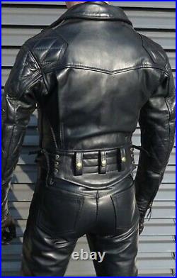 Men's Real Cowhide Leather Bikers Quilted Panels Jacket & 2 Tone Leather Pants