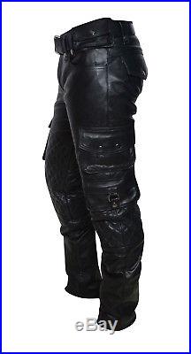 Men's Real Cowhide Leather Bikers Quilted Panels Pants With Cargo Pockets