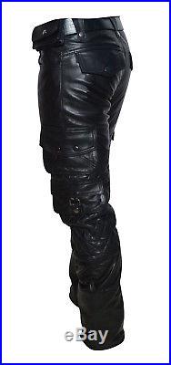 Men's Real Cowhide Leather Bikers Quilted Panels Pants With Cargo Pockets