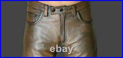 Men's Real Cowhide Leather Brown Wax 501 Levis Style Slim Fit Vintage Look Pants
