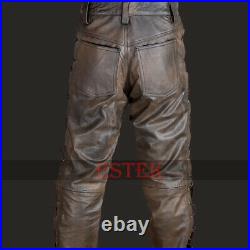 Men's Real Cowhide Leather Brown Waxed Vintage Distressed Biker Pant