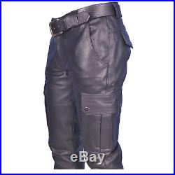 Men's Real Cowhide Leather Cargo Pants Bikers Pants With Cargo Pockets