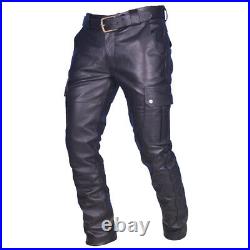 Men's Real Cowhide Leather Cargo Pants Bikers Pants With Cargo Pockets+FREE BELT