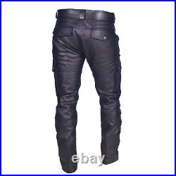 Men's Real Cowhide Leather Cargo Pants Bikers Pants With Cargo Pockets+FREE BELT