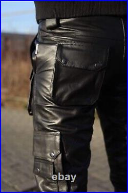 Men's Real Cowhide Leather Cargo Pants Bikers Pants With Multiple Cargo Pockets