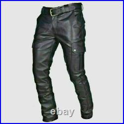 Men's Real Cowhide Leather Cargo Pants, Bikers Trouser With Cargo Pockets