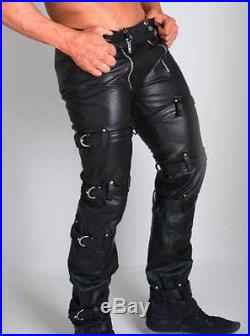 Men's Real Cowhide Leather Carpenter Pants Gay Trousers Restraint Leather Pants