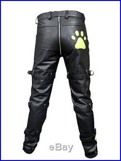 Men's Real Cowhide Leather Carpenter Pants Restraint Leather Gay Pants PAW LOGO